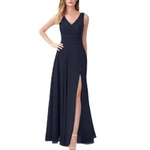 Azazie Bianca Dark Navy Floor Length Dress with Back Tie Size A16 NWT
